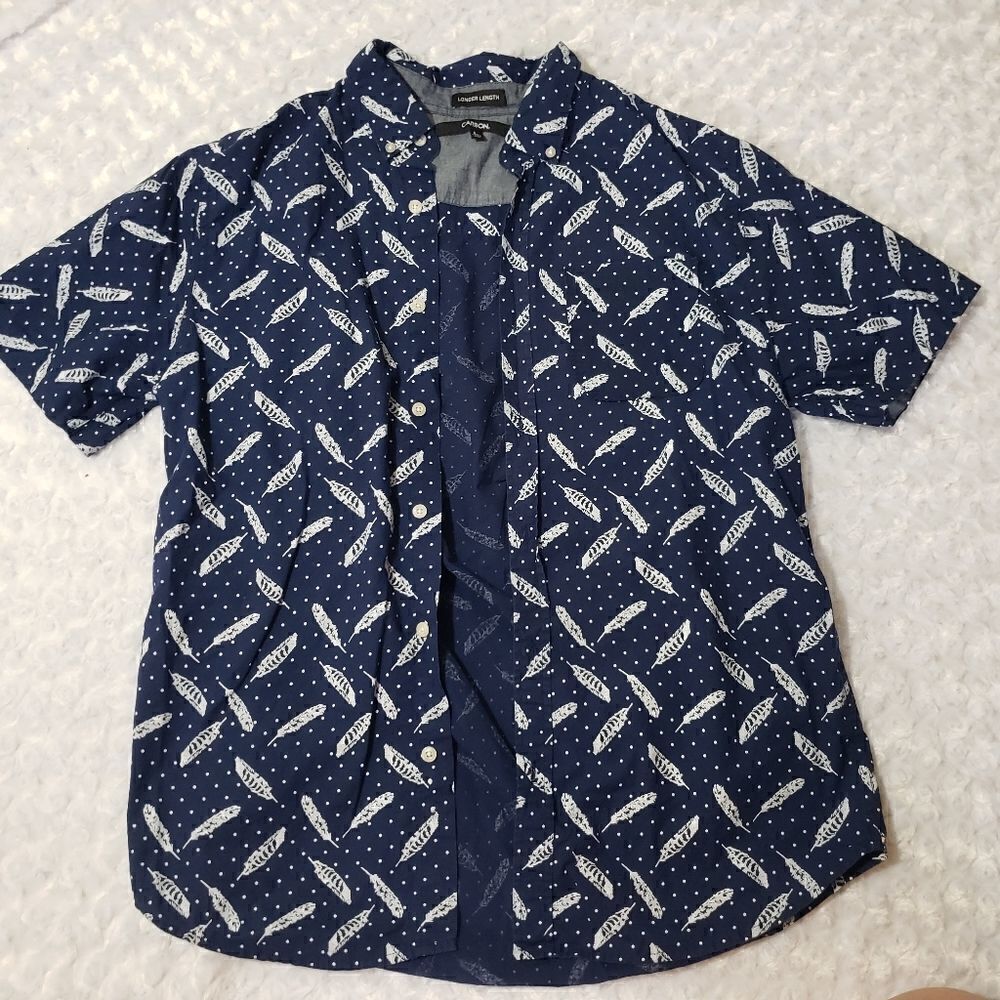 Carbon large longer length blue feather print short sleeve casual button down